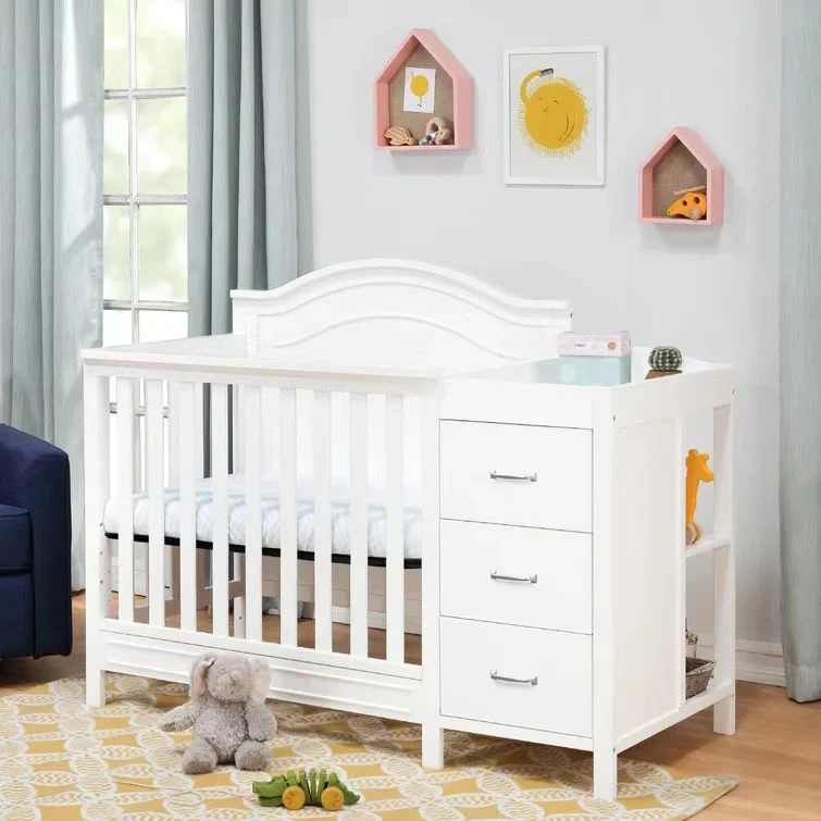 Elegant Nursery Furniture Solid Wooden Baby Cot Bed Crib with Diaper Changing Table