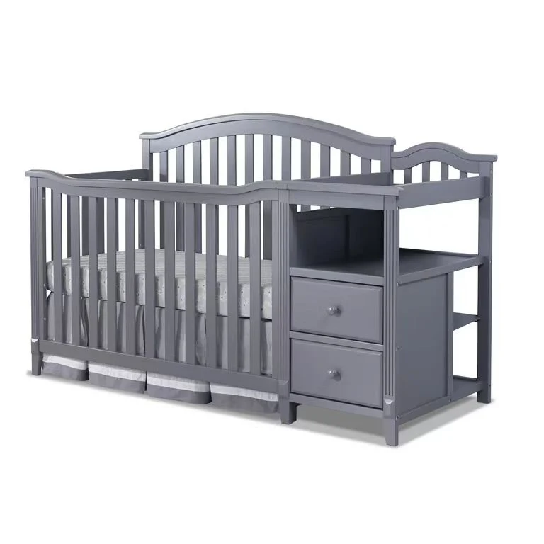Modern Daycare Solid Wooden Baby Bed Crib with Changing Table